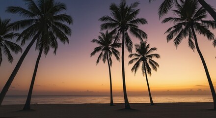 Obraz premium Serene Beach Sunset with Silhouetted Palm Trees by the Ocean