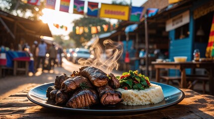 Fototapeta premium A delicious plate of grilled meat, couscous, and a vibrant green salad. The warm sunset light adds to the inviting atmosphere of an outdoor market setting.