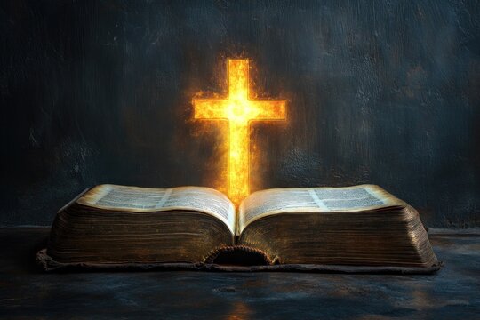 Open bible rests on a dark surface with a glowing cross above, symbolizing faith and spirituality in a serene atmosphere