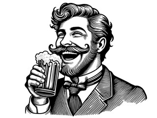 working-class man wearing a flat cap and overalls, drinking from a beer bottle, symbolizing relaxation and hard work sketch engraving generative ai PNG illustration. Scratch board. Black and white.