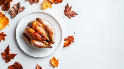 Thanksgiving Feast: Roasted Chicken with Fall Foliage on White