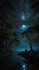 Fototapeta premium Ethereal Synthesis: AI Rainforest Reborn in Glass Domes Under a Quantum Moon