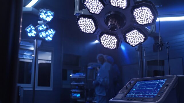 Operating room surgical lights illuminate doctors during procedure