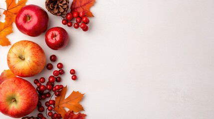 Autumn harvest apples, berries, leaves; white background; Thanksgiving