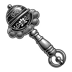 antique baby rattle with intricate details, evoking a nostalgic and vintage childhood theme sketch engraving generative ai PNG illustration. Scratch board imitation. Black and white image. - obrazy, fototapety, plakaty