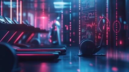 Futuristic gym; treadmills, data screens, workout