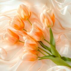 Obraz premium A bouquet of tulips on a white background, with a translucent silk fabric in a peach-colored hue, photographed from above, a studio shot, using natural light