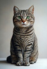 Striking Portrait of a Tabby Cat with Bright Green Eyes, Showcasing Unique Fur Patterns and Charming Expressions in a Studio Setting