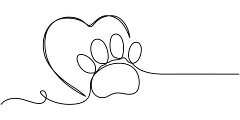 Pet Animal paw footprint in heart love concept, Dog and cat paw hearts drawn in one continuous line. Dog paw prints in a heart frame in a simple linear style. Concept of love for animals. Single line.