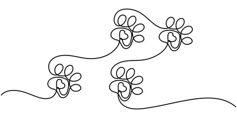 Pet Animal paw footprint in heart love concept, Dog and cat paw hearts drawn in one continuous line. Dog paw prints in a heart frame in a simple linear style. Concept of love for animals. Single line.