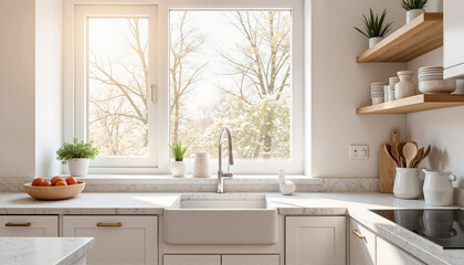 Inviting kitchen scene with sunlight shining through sealed window, warmth