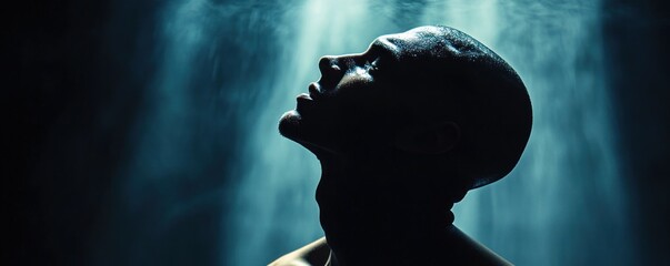 Man's head tilted up, smoky background, studio shot, contemplative mood