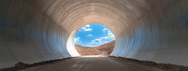 Construction workers install new gas and water pipes beneath a city street, framed by a large concrete pipe and bright blue skies