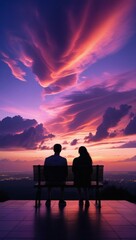 Two silhouettes sit on a bench, facing the horizon. They enjoy the view with their backs to the camera.
