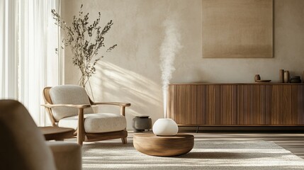 Modern living room diffuser, calming mist, sunlight, wooden furniture, home d?cor