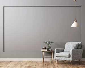 Gray living room with armchair, side table, hanging lamp, and empty wall. Modern and minimalist style.