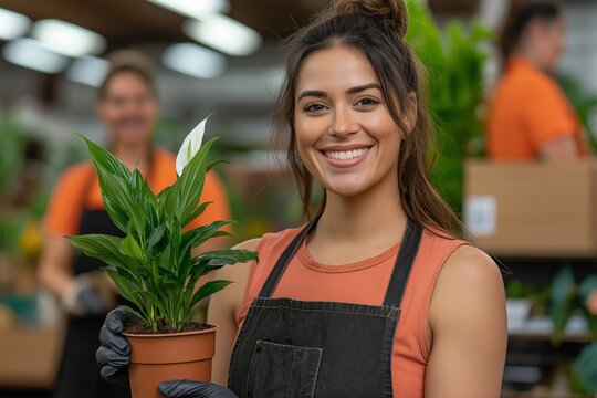 Caucasian young woman smiling holding potted plant in garden center