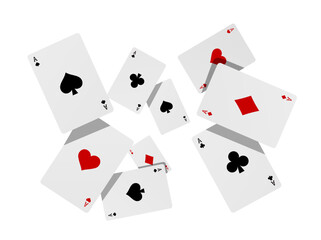 Flying playing cards for poker and gambling, three aces isolated on white, clipping path