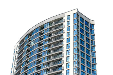Modern glass skyscraper with sleek facades, high-rise office building featuring contemporary design and glazing, urban commercial property in a metropolitan district. Isolated on white background.