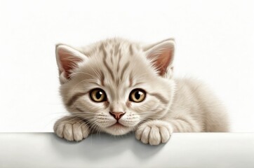 Cute adorable domestic curious cat kitten animal with its paws peeking over a white surface, photorealistic illustration on isolated background texture design.
