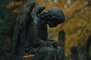 Fototapeta premium A melancholic angel statue sits quietly in a cemetery, with autumn leaves scattered around, inviting contemplation during the fall season