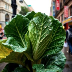 Naklejka premium Green Cabbage Leaves with Rain Drops in City Setting