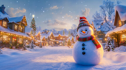 Obraz premium A cheerful snowman with a scarf and hat, standing in the center of an idyllic winter village surrounded by cozy houses decorated for Christmas