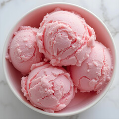Closeup shot of a bowl with scoops of pink ice cream