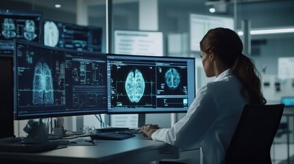 Scientist analyzing brain scans in a modern lab at night
