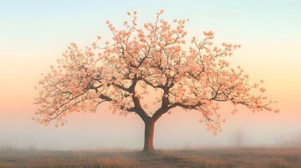 Serene Blooming Tree in Misty Sunrise Landscape Atmosphere