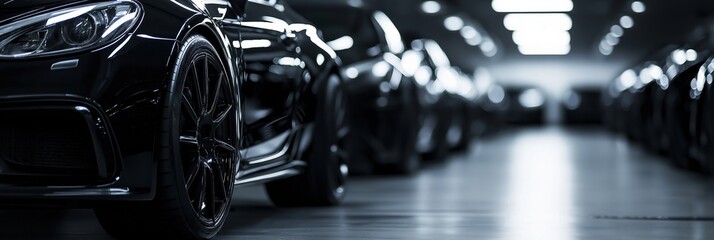 Fototapeta premium An array of black sports cars parked in an urban environment, radiating luxury and style.