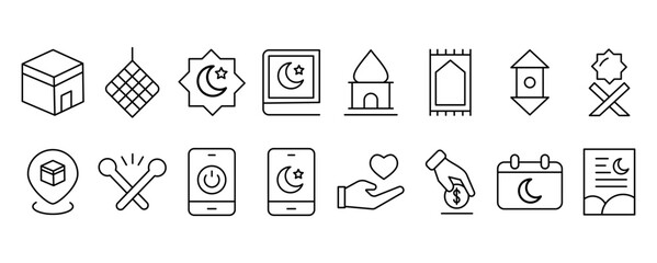 collection of religious icon sets. Islamic icon set. style line. collection of icon elements set for mosque, Arabic, ketupat, cellphone, moon, stars, food, money, book. vector illustration