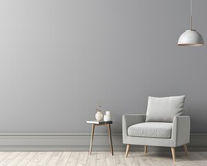 Gray living room with armchair, side table, hanging lamp, and empty wall. Modern and minimalist style.