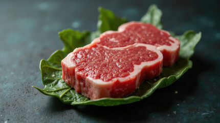 Two raw beef steaks are displayed on a vibrant green leaf, showcasing their rich color and marbling. The preparation emphasizes freshness for cooking