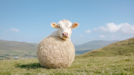 Fototapeta premium Cow sitting on hay bale, rural landscape, sunny day, farm animal imagery
