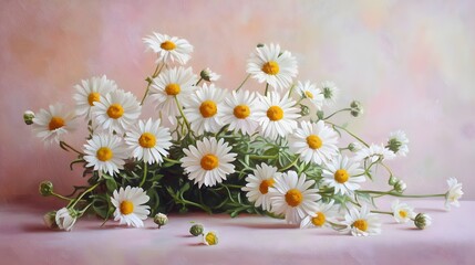 Obraz premium Beautiful White Daisies with Yellow Centers on Soft Pink Background