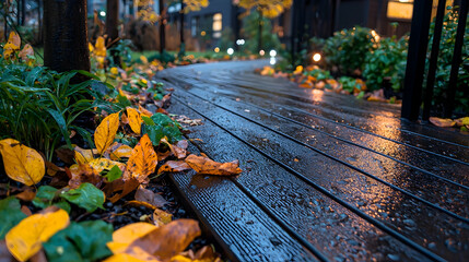 Obraz premium Autumn walkway, wet wood, garden lights, fall leaves