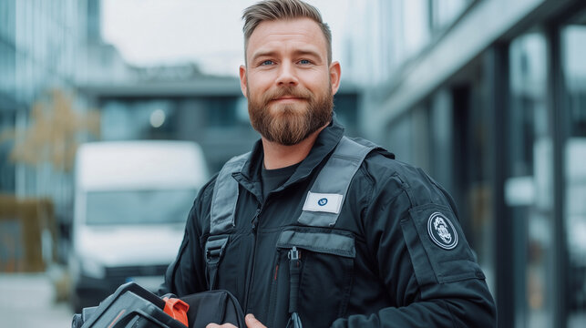 Mobile Repair Technician in Urban Setting with Toolbox and Tablet