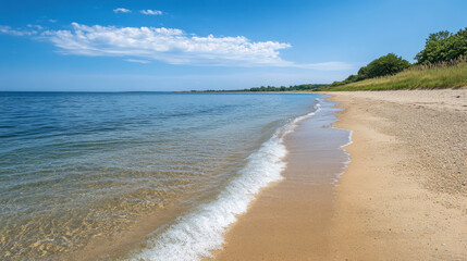 Obraz premium Realistic sand beach with blue water of sea or ocean and clear sky. Vector illustration of summer landscape with empty seashore, foam wave on sandy texture. Panoramic sunny day scene with coastline.