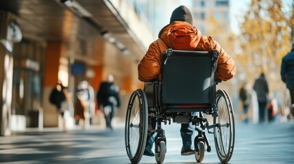 Obraz premium City street wheelchair user, autumn, blurred background, accessibility