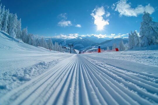High-quality view of freshly groomed ski slopes with snow-covered trees and majestic mountains in the background during a clear winter day