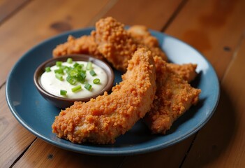 Fototapeta premium Golden Fried Chicken Strips with Creamy Dip on Rustic Wooden Table