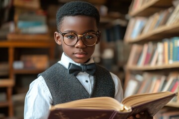 A smart schoolboy in glasses is deeply engaged in reading a book in a quiet library filled with books during the afternoon