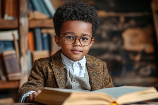 Young schoolboy wearing glasses reads attentively in a warm library filled with books and wooden shelves, immersed in learning