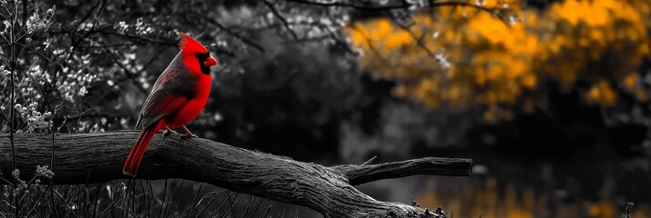 A solitary red cardinal perched on a log surrounded by blurred autumn hues, embodying tranquility and beauty.