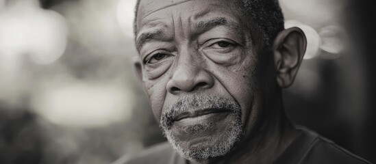 Senior man portrait, outdoors, bokeh background, pensive expression, documentary