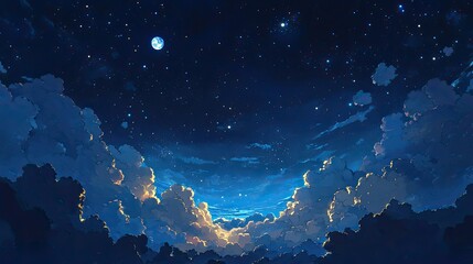 Fototapeta premium An artistic depiction of the infinity of space, featuring a deep dark blue sky with star clusters, glowing clouds, and a hidden moon. -