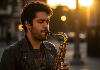 Sunset serenade: man playing saxophone in urban street setting with sunlight