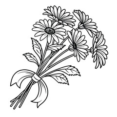 A detailed black-and-white illustration of a bouquet of daisy tied together with a ribbon, coloring page, kdp, kid's coloring book, adult coloring page, children 