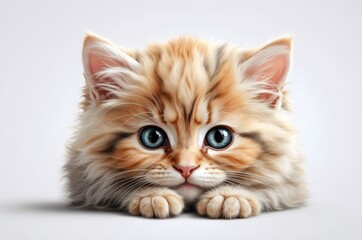 Obraz premium Cute adorable domestic curious cat kitten animal with its paws peeking over a white surface, photorealistic illustration on isolated background texture design. 